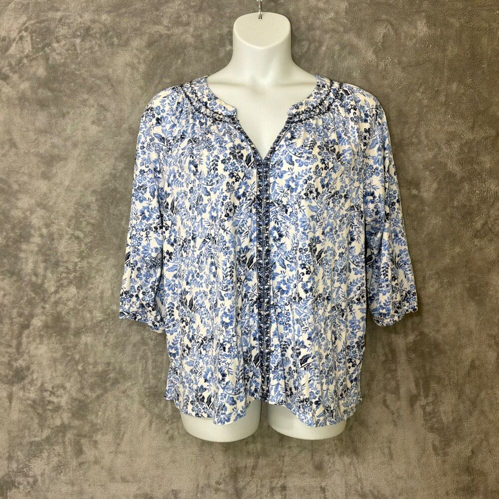 J Jill Tunic Top Women’s Floral Blue XL Cotton Tencel Feminine Blouse